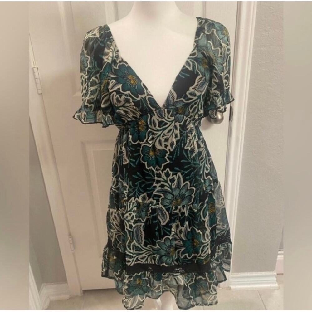 Whimsigoth Moody Floral Chiffon Mini Dress -V-Neck Babydoll Size XS